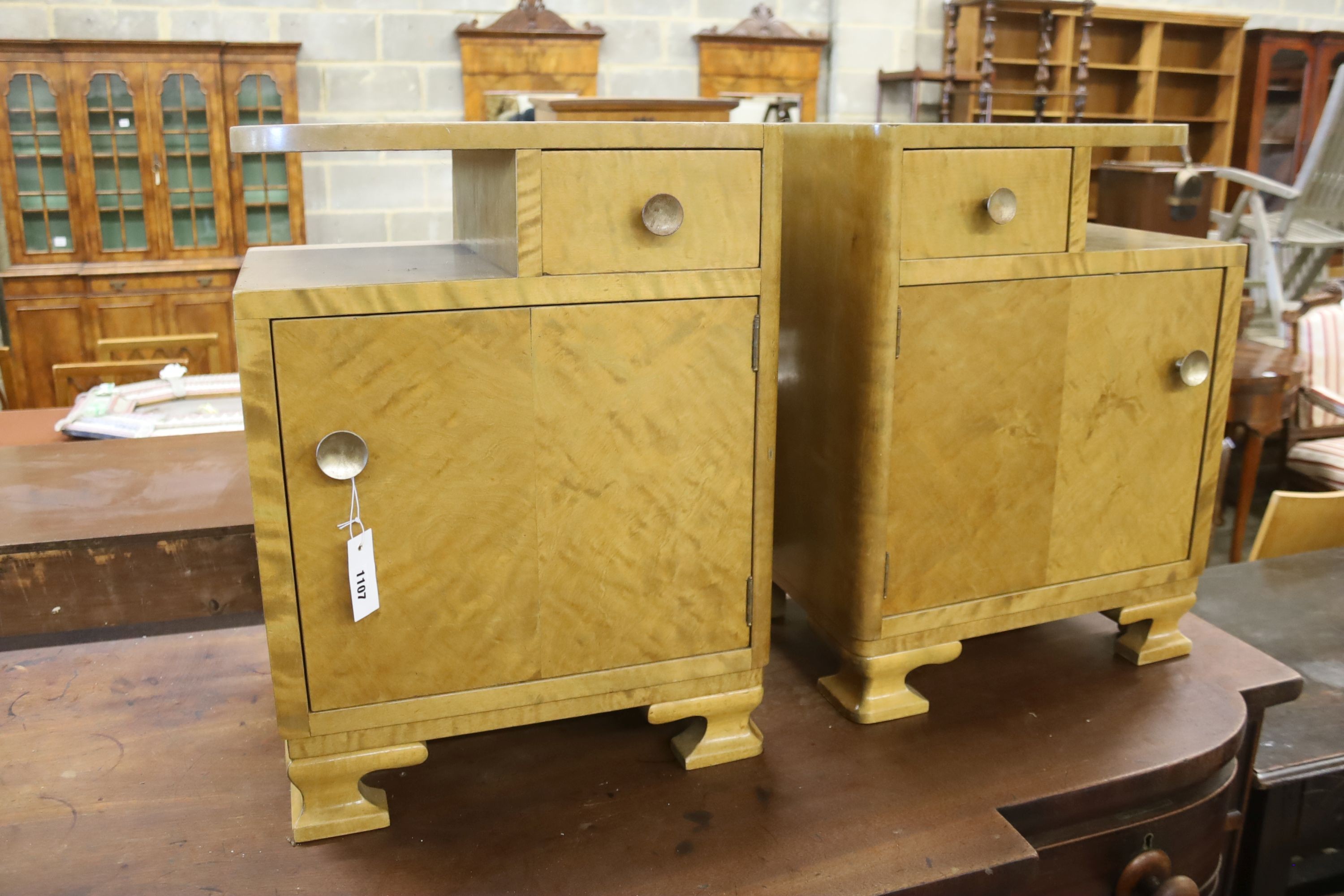 A pair of Deco style maple bedside cabinets, width 45cm, depth 35cm, height 60cm